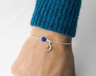 Star and Moon Bracelet or Anklet: Personalized 925 Sterling Silver Birthstone Jewelry, Rolo Chain