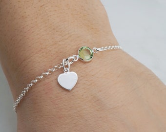 Heart Bracelet or Anklet - Personalized Birthstone Bracelet, 925 Sterling Silver Rolo Chain, Dainty Minimalist Bracelet, Girlfriend Gifts