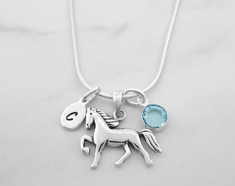 Horse Necklace, 925 Sterling Silver, Horse Jewelry, Horse Lover Gifts, Horse Pendant, Personalized Initial and Birthstone, Equestrian Gifts
