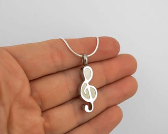 Music Note Cremation Necklace: Stainless Steel Treble Clef Urn Pendant for Ashes, Sterling Silver Chain