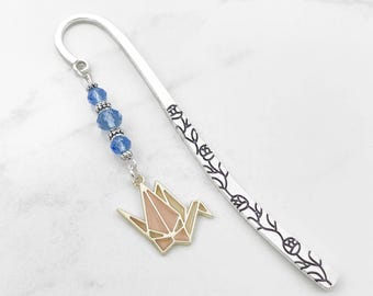 Origami Bird Bookmark: Pink Paper Crane Charm, Beaded Metal Book Marker