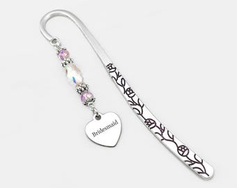 Personalized Bridesmaid Bookmark: Engraved Heart Charm, Beaded Wedding Favor