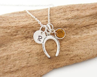 Small Horseshoe Necklace - Personalized Initial and Birthstone Charm - 925 Sterling Silver Jewelry - Good Luck Gift