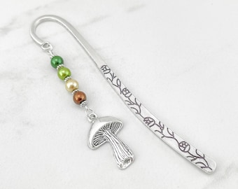 Mushroom Bookmark: Silver Cottagecore Charm Beaded Metal Bookmarker