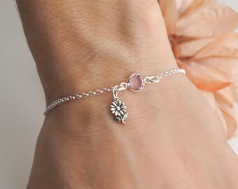 Flower Charm Bracelet Flower Anklet with Personalized Birthstone Bracelet 925 Sterling Silver Bracelet Rolo Chain Dainty Minimalist Bracelet