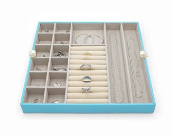 Turquoise Blue Jewelry Tray, Drawer Organizer Insert, Vegan Leather and Velvet