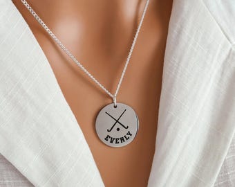 Personalized Field Hockey Necklace: Custom Engraved Name & Number Pendant, Sterling Silver and Stainless Steel