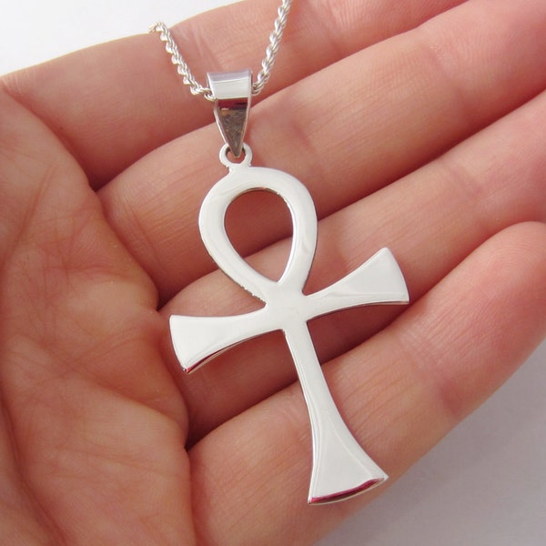 Ankh Necklace - 925 Sterling Silver Jewelry - Large Silver Ankh Pendant - Egyptian Hieroglyph Jewelry Meaning "Life"