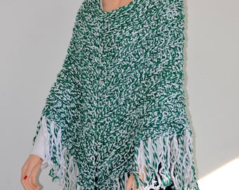 Crochet Poncho/ Boho Poncho/ Shawl and Wrap/ Green and White Poncho/ Fringed Poncho/ Leisure Fringe Poncho/ Lounger/ Gift idea