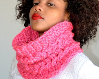 Double Cable Faux Cowl/ Crochet Faux Cable Cowl/ Pink Neck Warmer/ Two Cable Cowl Scarf/ Crochet Cowl Scarf/ Pink Cowl Scarf/ Gift idea