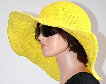 Sombrero de sol de algodón a crochet - Sombrero de playa amarillo de verano