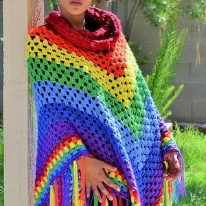 Plus size Crochet Poncho/ Super Size Rainbow Poncho/ Crochet Rainbow Poncho/Fringed Poncho/ Bohemian Poncho
