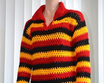 Medium-Large Black, Yellow, Red Pullover Sweater/ Uganda Crochet Sweater