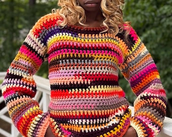 ORANGISH Crochet Sweater Made From Scrap Yarn | One-of-a-Kind Handmade Knitwear