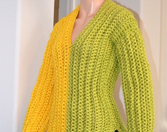 Yellow and Lime Chunky Winter Pullover/ Half and Half Medium Sweater/ Medium/Small Crochet Chunky Sweater