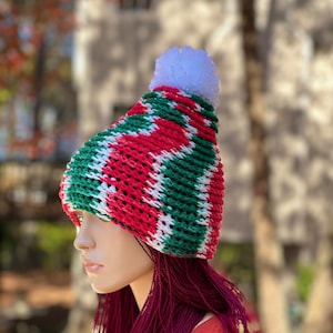 Crochet Mistletoe beanie hat in WHITE Hand Knit/ Crochet Festive Beanie Hat
