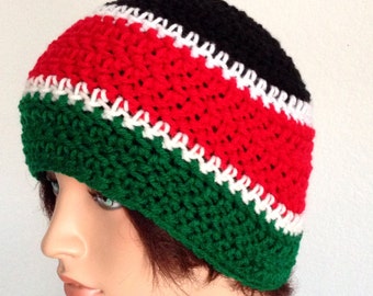Kenya Flag Inspired Crochet Beanie Hat – Adult Unisex (24”) | Handmade Kenya sports fan beanie hat  Free USA Shipping
