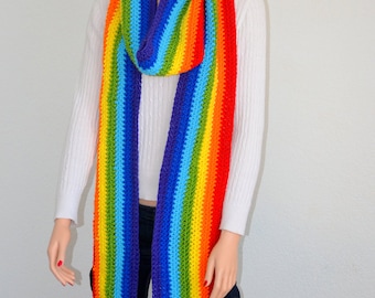 Extra Long Crochet Rainbow Scarf, Handmade Unisex Acrylic Yarn Fall Winter Fashion