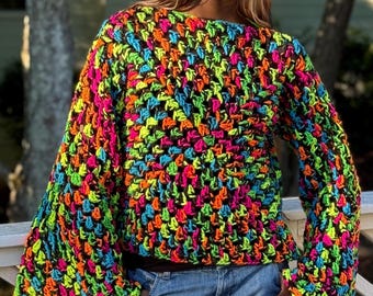 BLACKLIGHT Crochet Sweater | Granny Square Bell Sleeve Pullover | Blacklight Colorway Statement Sleeves