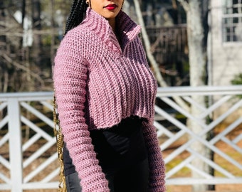 Pink Cropped, Ribbed Crochet sweater Blouse/ Small/ Medium Crochet cropped top, Pink Ribbed cropped sweater blouse