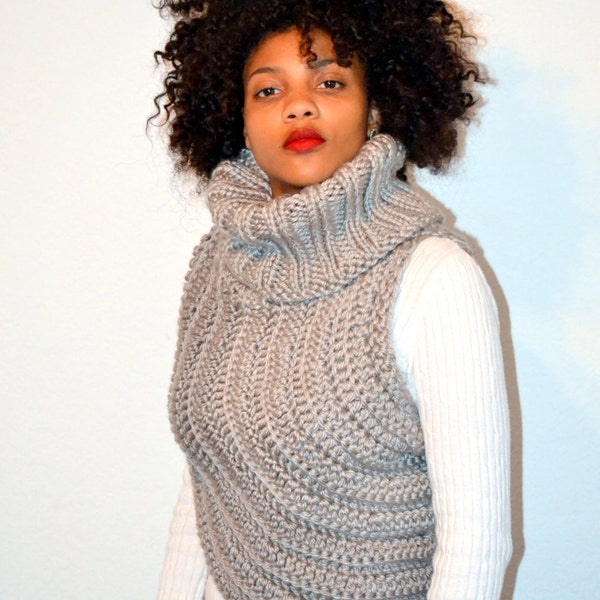 Dallas Grey Sweater/ Knit and Crochet Sweater Cowl/ Winter Fashion/ M/L size Cowl