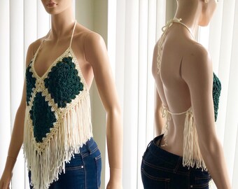 Gypsy crochet crop top/ Granny square crochet Boho halter top/ Fringed Granny square Halter top/ Beach wear/ Poolside top