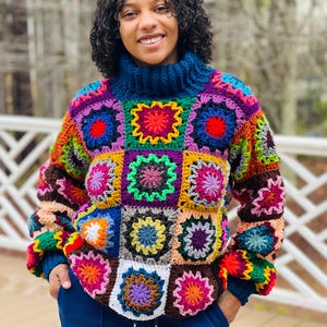 Granny Square Unisex Crochet Sweater| Turtleneck crochet sweater