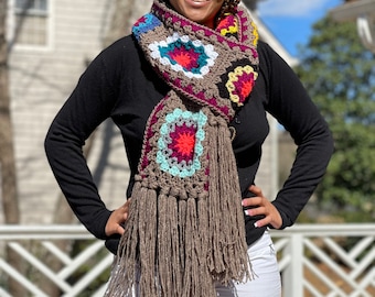 Brown Tone Granny Square Fringed Scarf