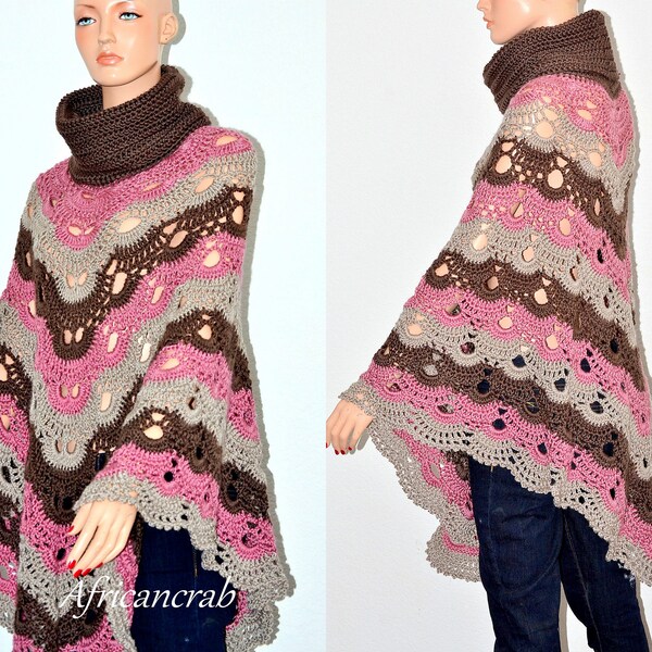 Crochet Poncho/ Crochet Virus Poncho/ Virus Wrap/ High Fashion Poncho/ Pink and Brown Virus Poncho/ Gift for Her/ Winter Fashion Poncho