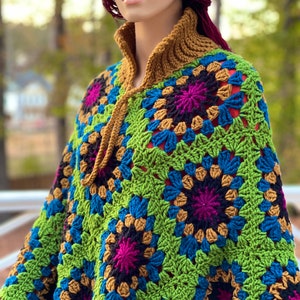 The Colored PONCHO/ Hand Knit Granny Square Poncho