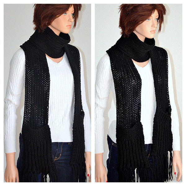 Handmade Pocket Scarf/ Knitted Black Scarf/ Pocket knitted scarf