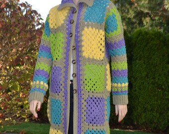 Granny Square Coat/ Crochet Granny Cardigan/ Crochet Gypsy Coat/ Long Coat/ Long Granny Square Coat