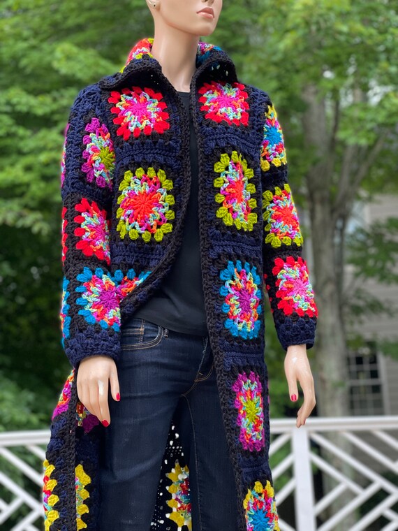 Patch Work Crochet Long Coat Granny Square Trench Style Cardigan Etsy Australia