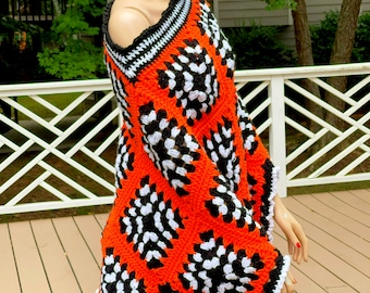 Granny Square Poncho/ Stripped Black and white granny square poncho/ Orange trim granny Poncho