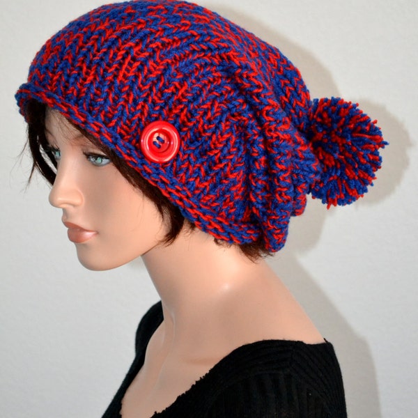 Knitted Winter Beanie in Red and Blue