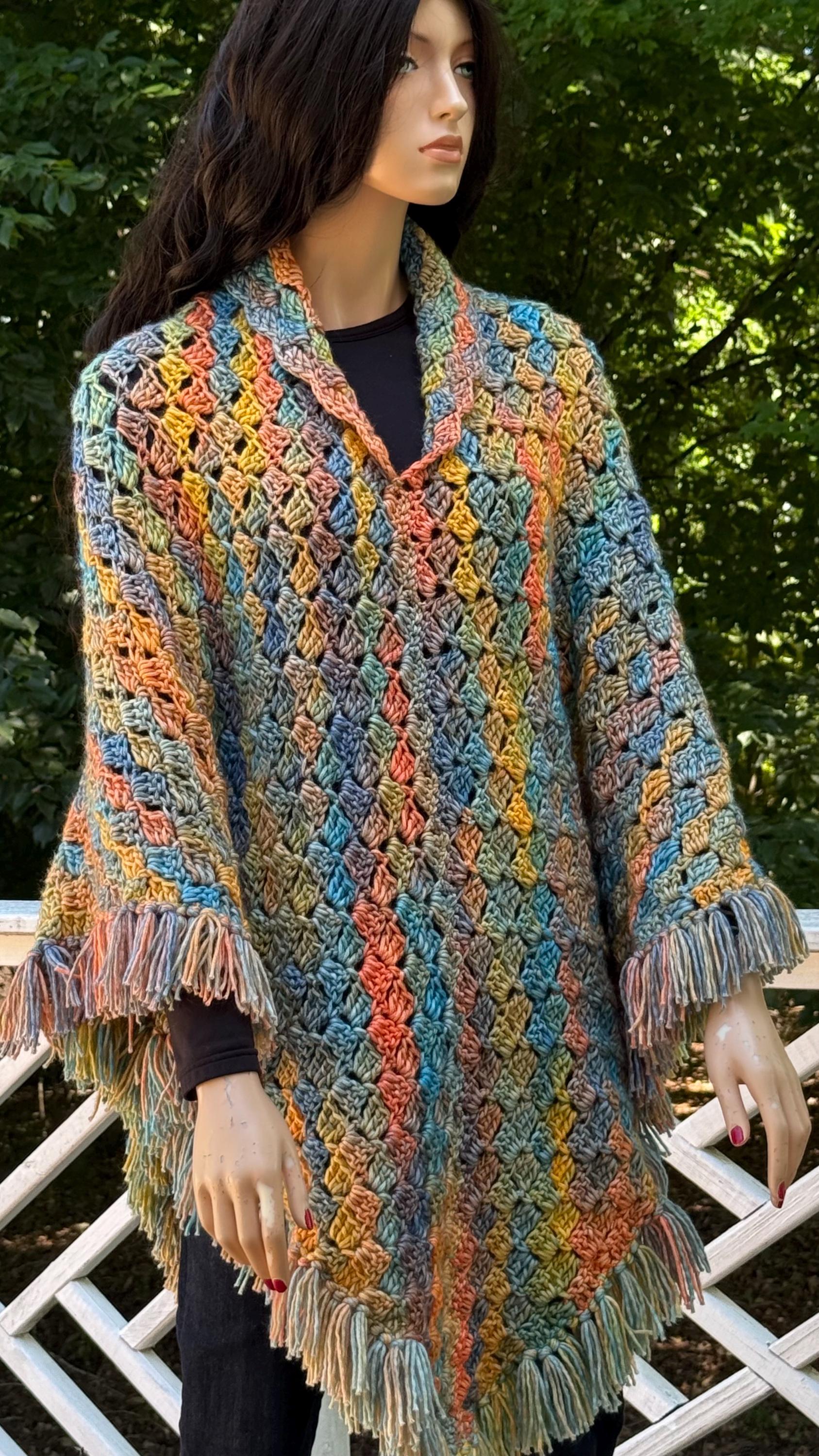 Macaw Crochet Fringed Poncho Handmade Acrylic Cowl