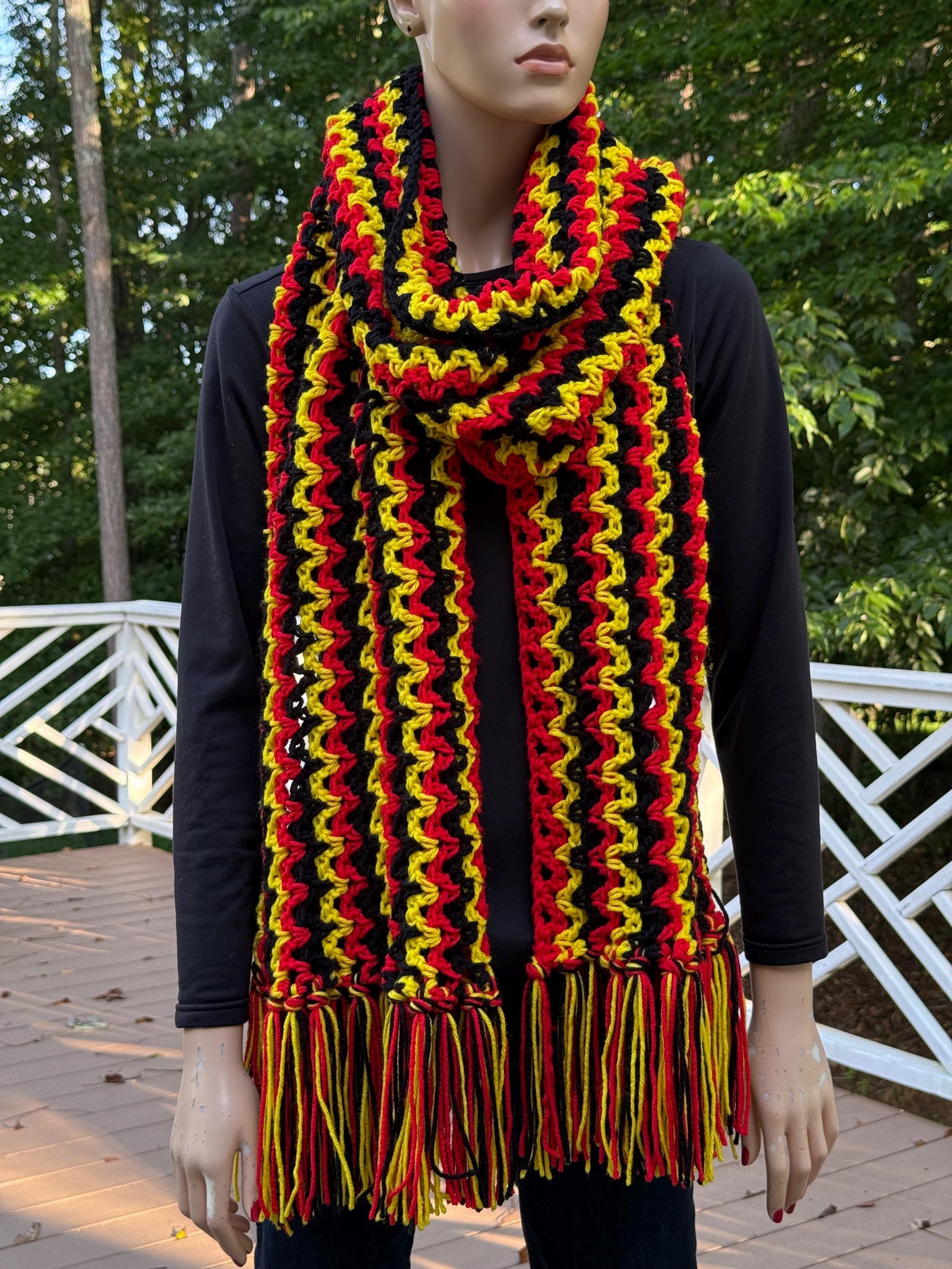 Crochet Uganda Heritage Scarf: Black, Yellow & Red Acrylic Unisex