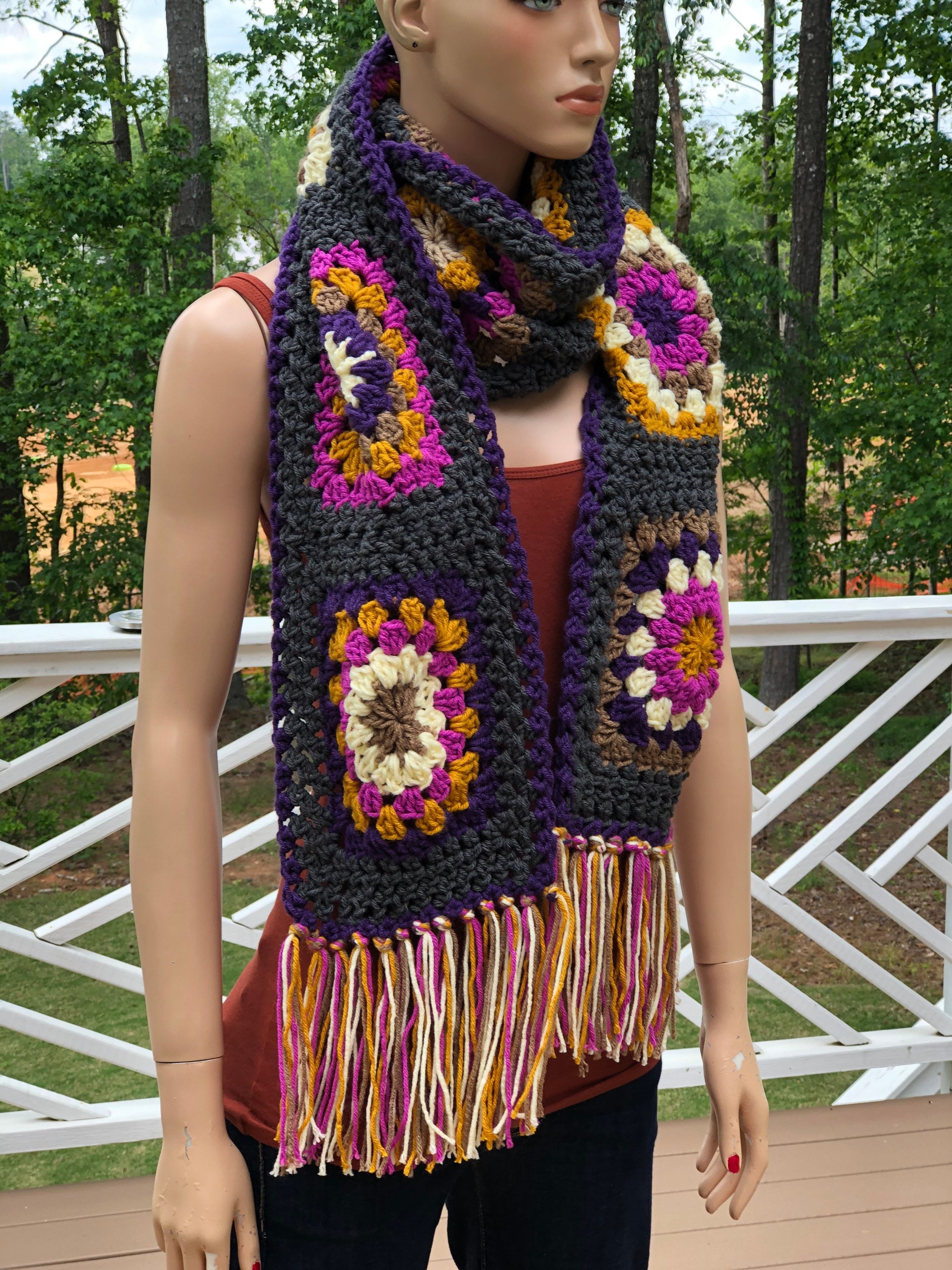 Granny Square Crochet Scarf/ Fringed Crochet Granny Scarf - Etsy UK
