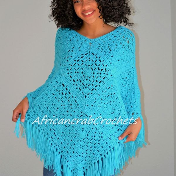 Color My World Blue Poncho/ Color My World Granny Square Poncho/ Blue Fringed Poncho