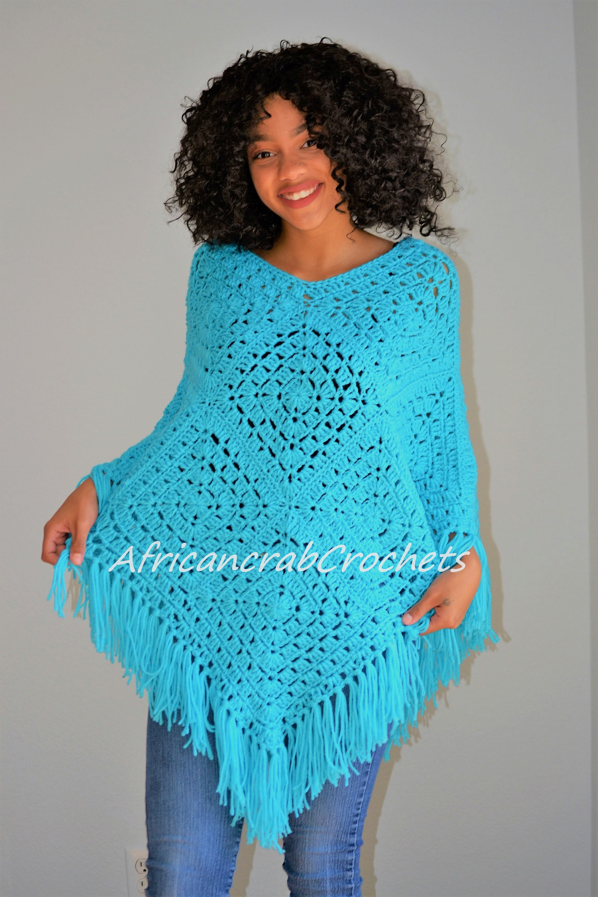 Bright Blue Crochet Fringed Poncho: Boho Acrylic Granny Square