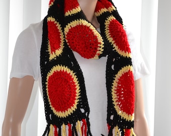 Crochet Iganda Flag inspired scarf | unisex crochet Uganda scarf | Fringed Crochet Uganda scarf