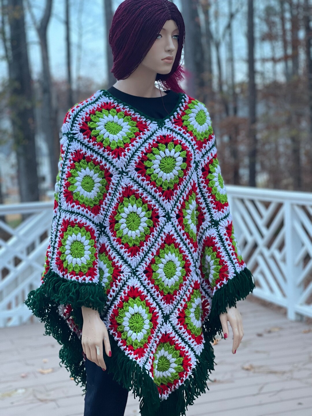 Handmade Crochet Christmas Poncho | Holiday Granny Square Fringe