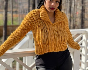 Mustard Crochet Cropped Sweater: Ribbed Blouse, Handmade