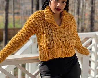 Mustard Cropped, Ribbed Crochet sweater Blouse/ Mustard / Medium Crochet cropped top, Ribbed cropped sweater blouse