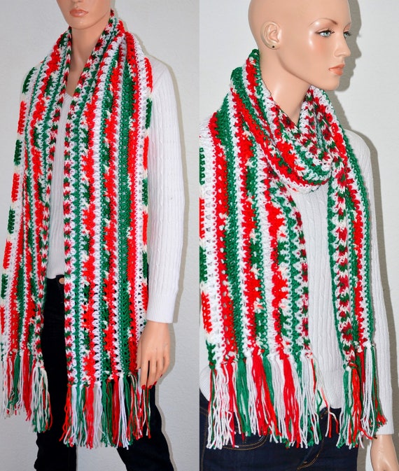 Crochet Holiday Scarf/ Christmas Crochet Scarf/ Fringed | Etsy