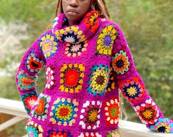 The Color Weaver/ Color My World Granny Turtle Neck Crochet Sweater