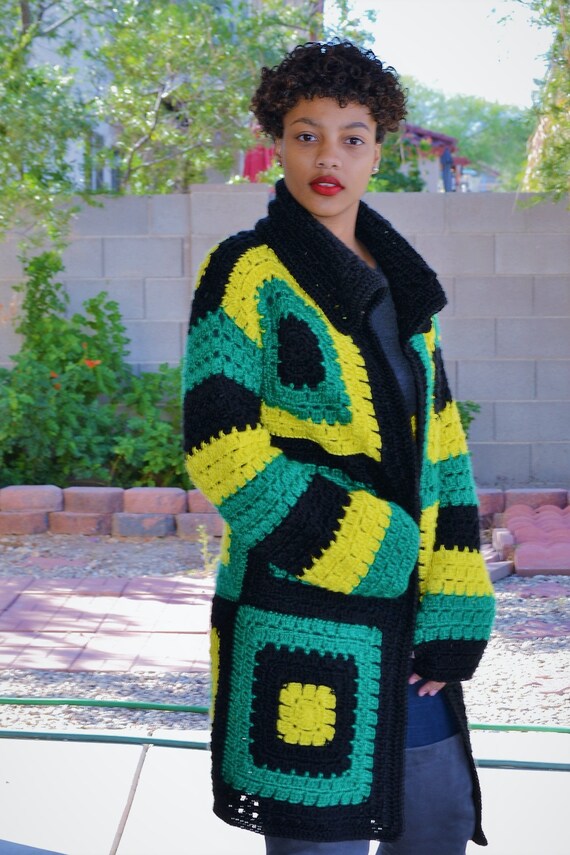 Handmade Crochet Jamaica Cardigan: Rasta Colors Acrylic Sweater - Etsy