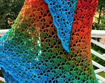Cloister Shell Stitch Shawl/ Hand Crocheted Lacey cloister shawl/ It’s a Wrap Rainbow Fiesta Yarn Shawl