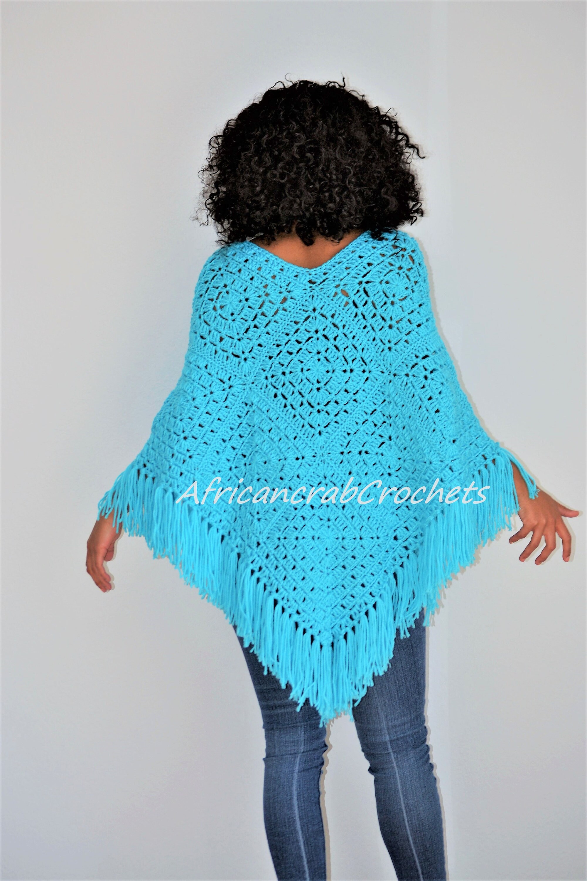 thumbnail interactive-video image 1 of Hand Crochet Blue Poncho With Beaded Fringe - One Size, Women's 1 of 5