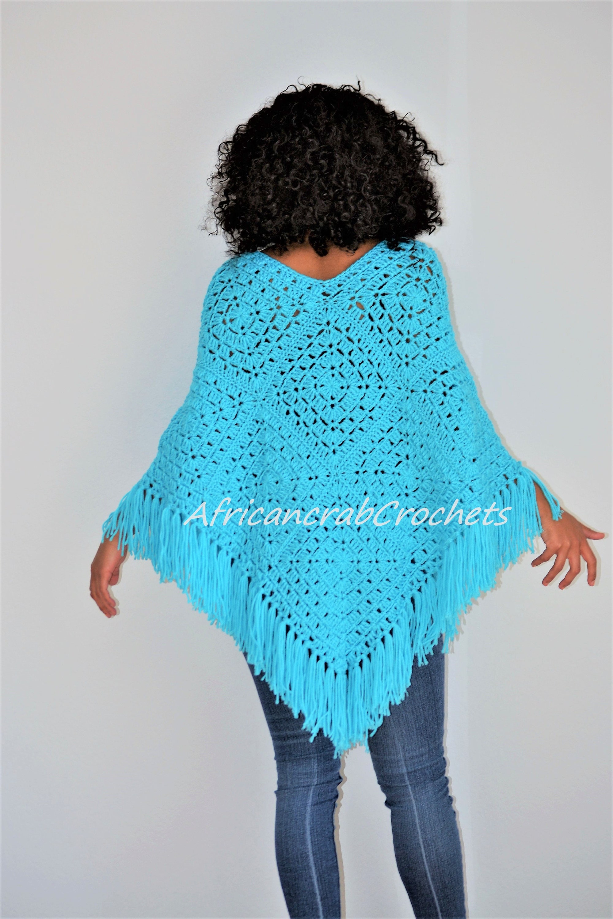Hand Crochet Blue Poncho With Beaded Fringe - One Size, Women's